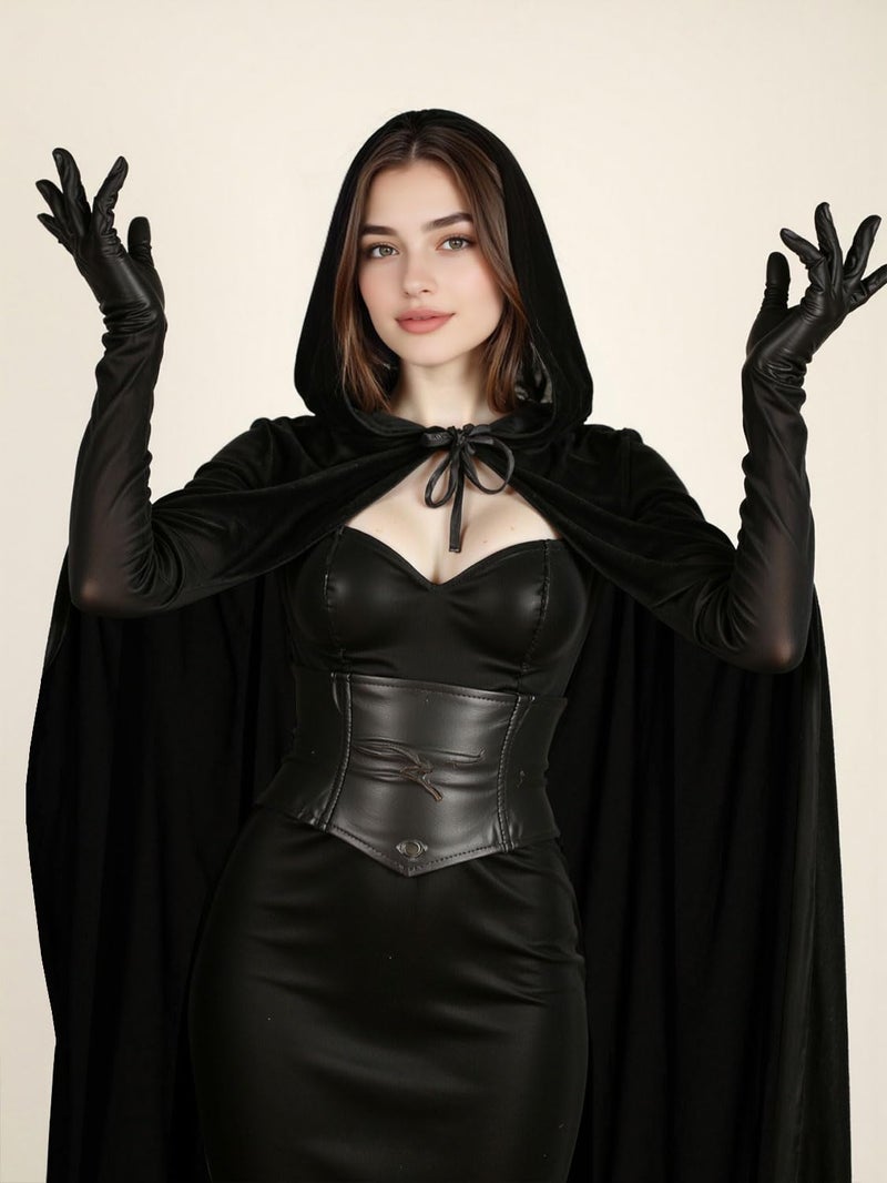 HOMELEX Black Witch Velvet Cloak Halloween Hooded Cape Queen King Robe Outfit Renaissance Medieval Costume - Image 3